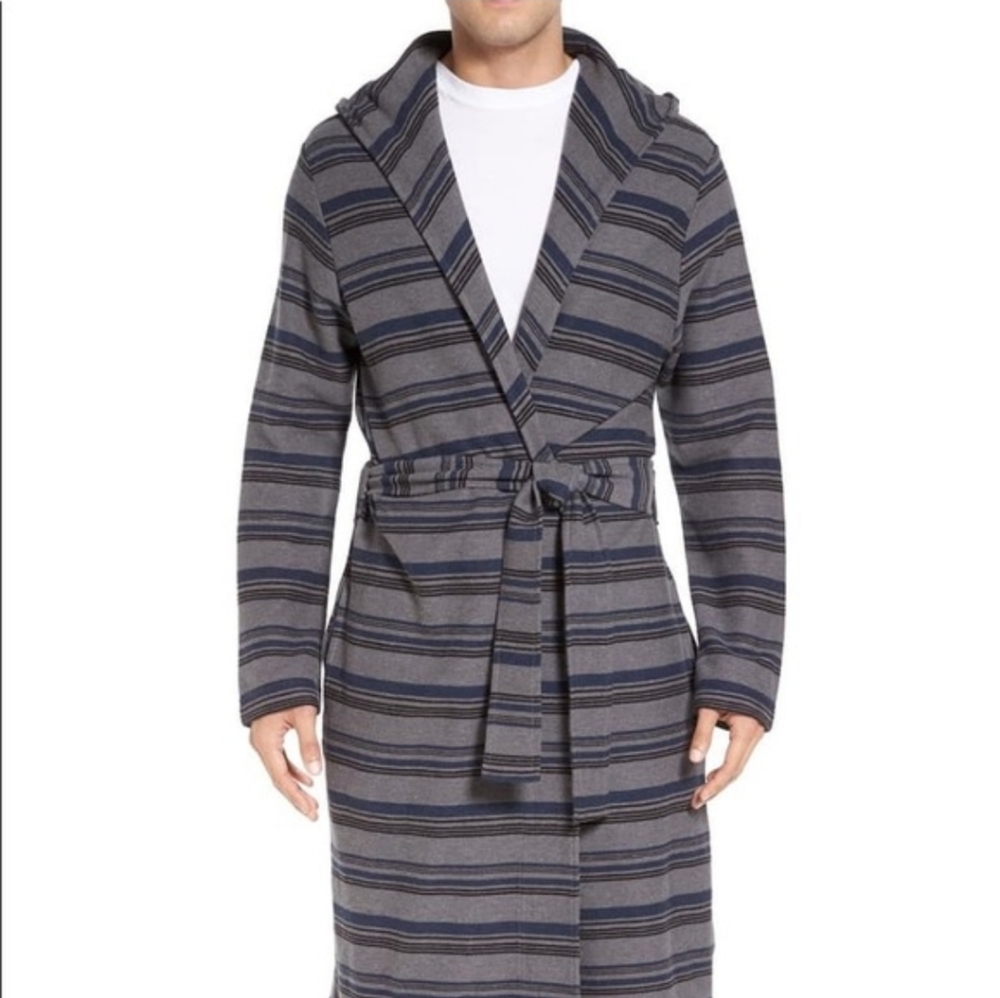 UGG Miles Mens Blue & Gray Striped Hooded Robe, Size XL